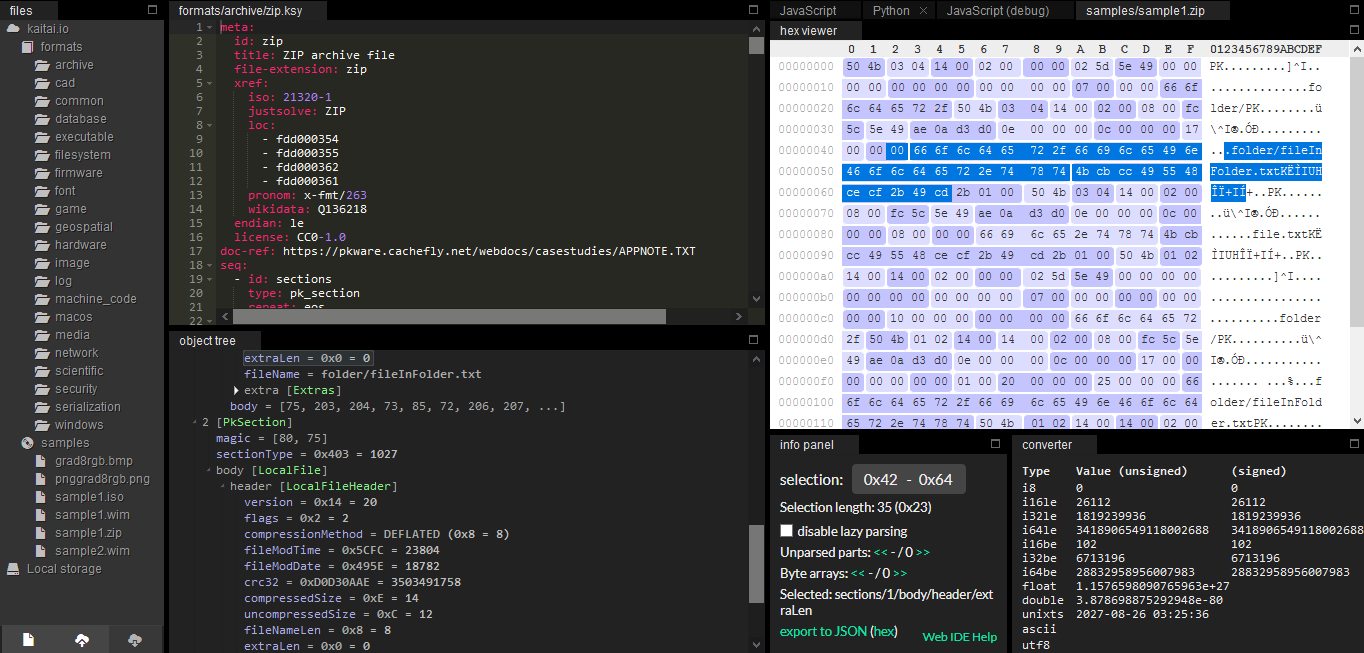 Kaitai Struct Web IDE (sample ZIP file + zip.ksy loaded)